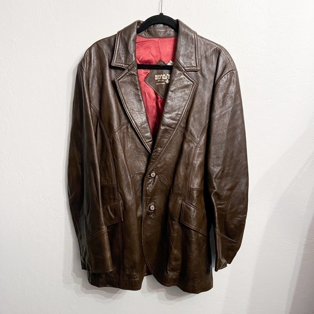Vintage SYDNEYS Brown Leather Button Jacket Retro Classic Mid Length Canada XL L